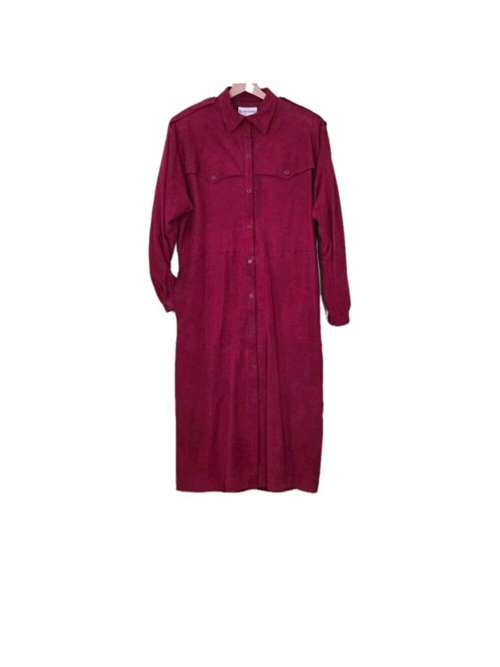 Vtg 80s Stanley Sherman Red Suede Shirt Dress Duster US12 LS Lined Academia Boho